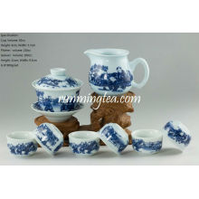 "Chinese Kids Playing" Blue & White Porcelain Teaware Set, 1 Gaiwan, 1 Pitcher & 6 Cups